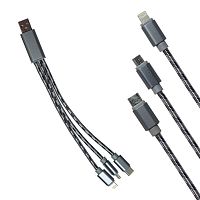 шнур usb 3 в 1 iphone + microusb + type-c тканевый 20см  фото
